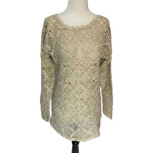 𝅺vintage🌸eaton’s Crochet Long Sleeve Open Weave Beige Sweater Sz S
